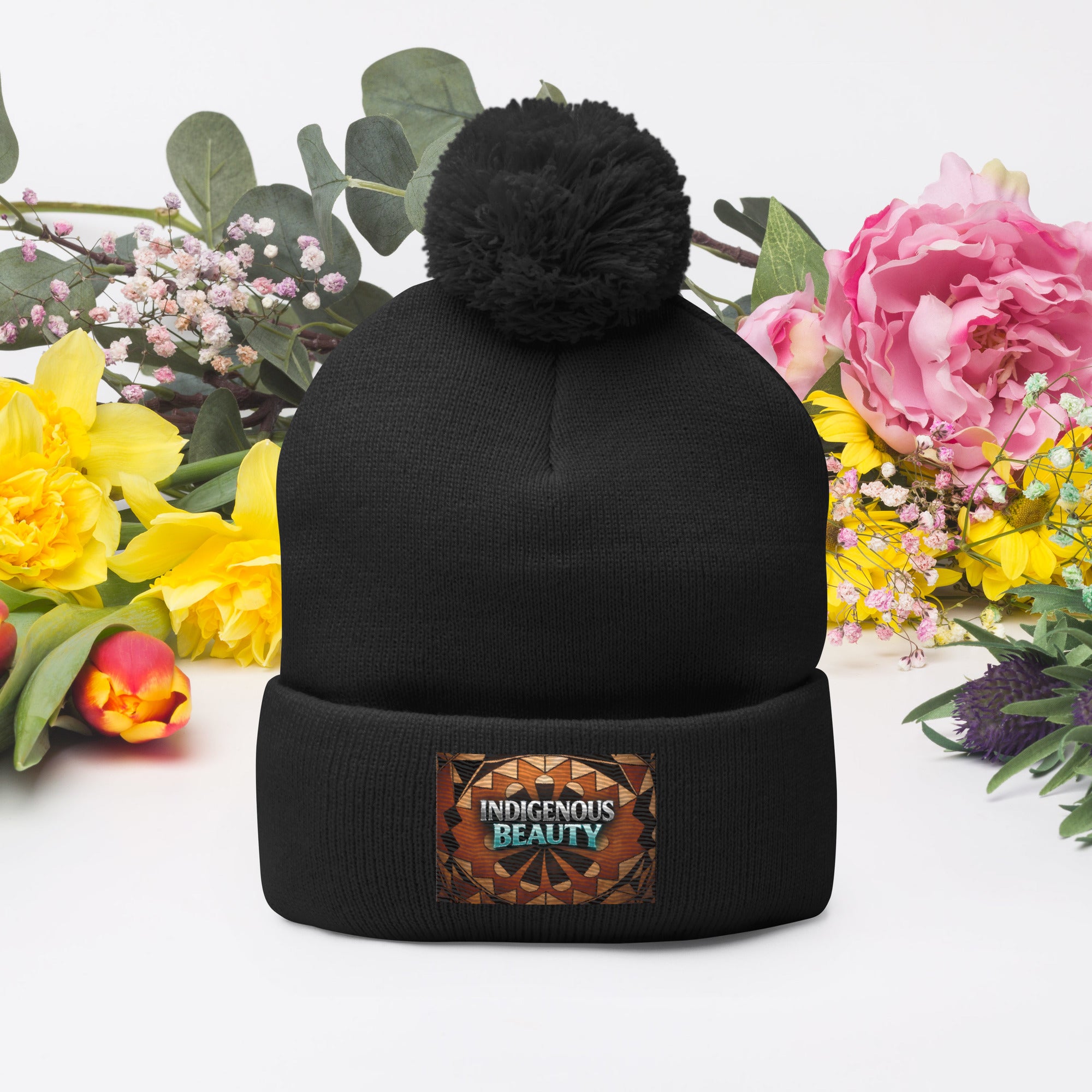 Authentic Pueblo Indian background design Pom-Pom Beanie – Tiwaya