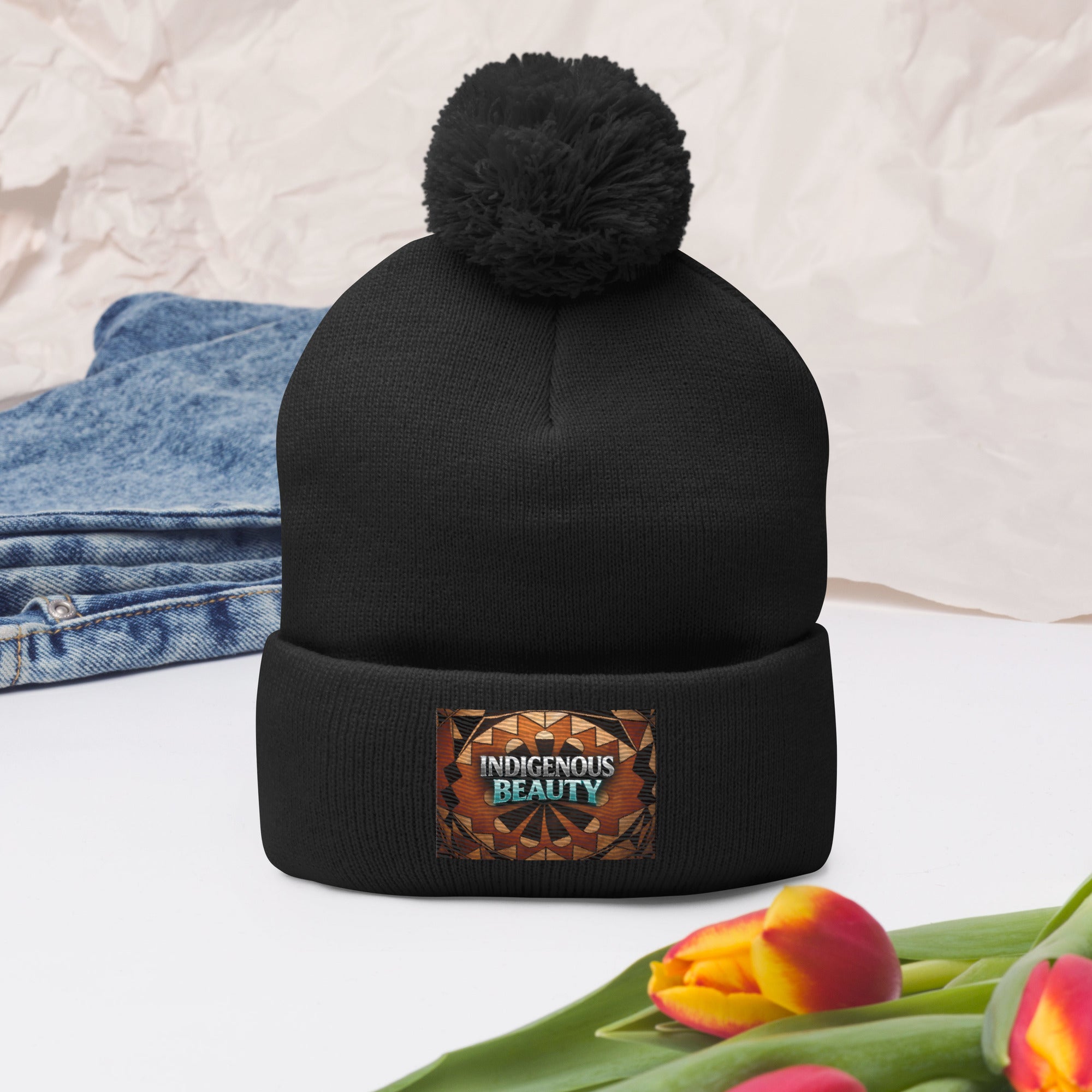 Authentic Pueblo Indian background design Pom-Pom Beanie – Tiwaya